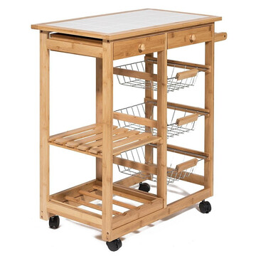 Столик передвижной кухонный разделочный (mod. JW3-2063) прессованный бамбук/плитка, 77х37х76см, натуральный 