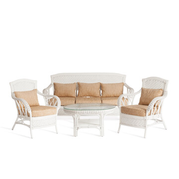 Комплект для отдыха "ANDREA" (диван + 2 кресла + журн. столик со стеклом + подушки) TCH White (белый), Ткань рубчик, цвет кремовый 