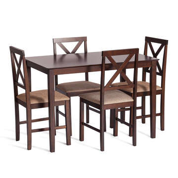Обеденный комплект Хадсон (стол + 4 стула)/ Hudson Dining Set дерево гевея/мдф, стол: 110х70х75см / стул: 44х42х89см, cappuccino (темный орех), ткань кор.-зол. (1 