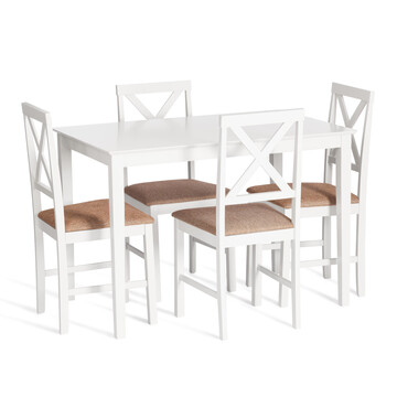 Обеденный комплект Хадсон (стол + 4 стула)/ Hudson Dining Set дерево гевея/мдф, стол: 110х70х75см / стул: 44х42х89см, pure white (белый 2-1), ткань кор.-зол.(1505 