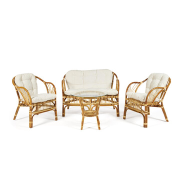 КОМПЛЕКТ " NEW BOGOTA ECO SKIN " ( диван + 2 кресла + стол со стеклом ) /с подушками/ ротанг, кр:61х67х78,5см, дв:108х66х78,5см, ст:D60х56,5см, Natural (натуральный) 