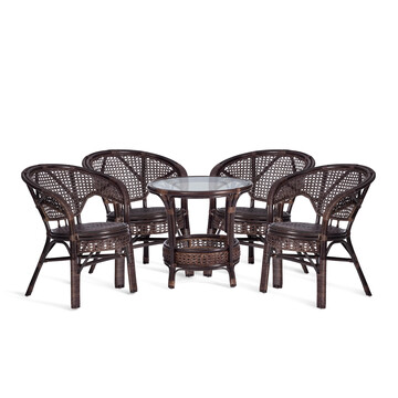 Комплект "PELANGI"  02/15 ( стол со стеклом + 4 кресла ) [без подушек] ротанг, кресло 65х65х77см, стол диаметр 64х61см, walnut (грецкий орех) 