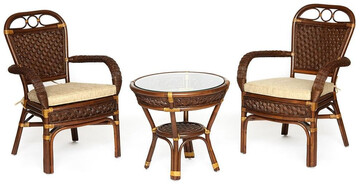 Комплект террасный ANDREA (стол кофейный со стеклом + 2 кресла + подушки) ротанг, 64х67х92см / D60х55, Pecan Washed (античн. орех) 