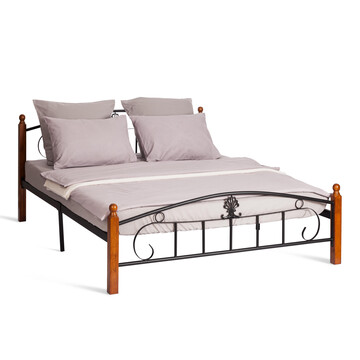 Кровать РУМБА (AT-203)/ RUMBA дерево гевея/металл, 160*200 см (Queen bed), красный дуб/черный 