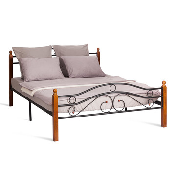 Кровать AT-803 дерево гевея/металл, 160*200 см (Queen bed), красный дуб/черный 